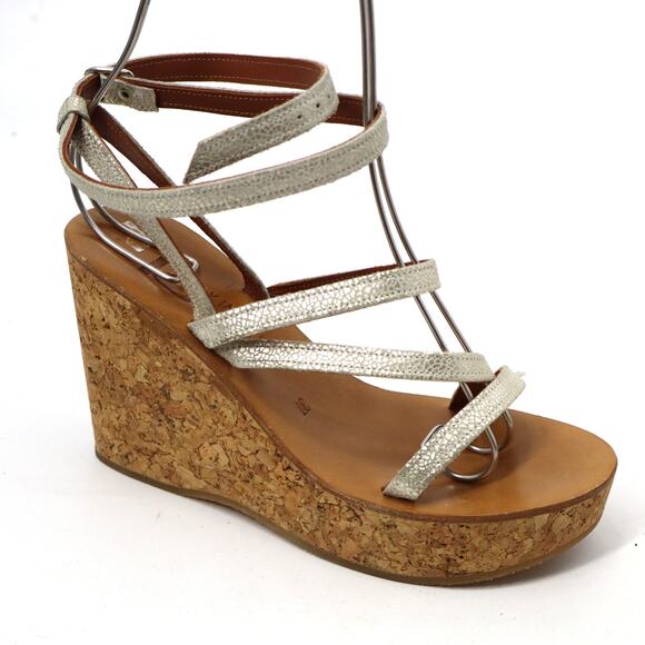 K. Jacques Light Metallic Gold Strappy Leather Cork Platform Wedges 37 US 5.5 6 - Picture 1 of 7